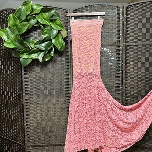 Y2K Vintage Va Va Voom pink lace mermaid skirt size small frilly long tall